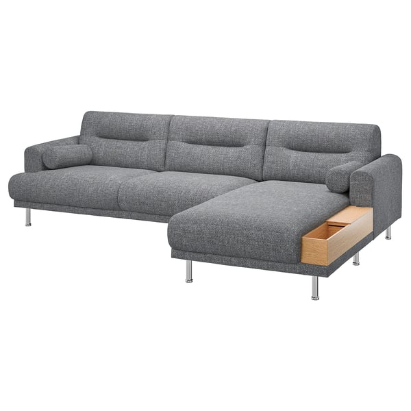 Modern, grey LÅNGARYD sectional sofa with storage box, soft cushions, and chrome legs.