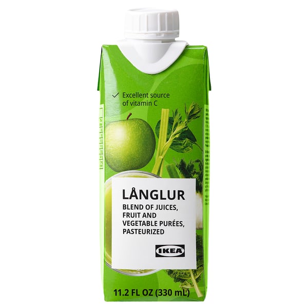 A green fruit and vegetable smoothie carton, labelled LÅNGLUR, showcasing an apple and fennel, offering a healthy, convenient drink with vitamin c.