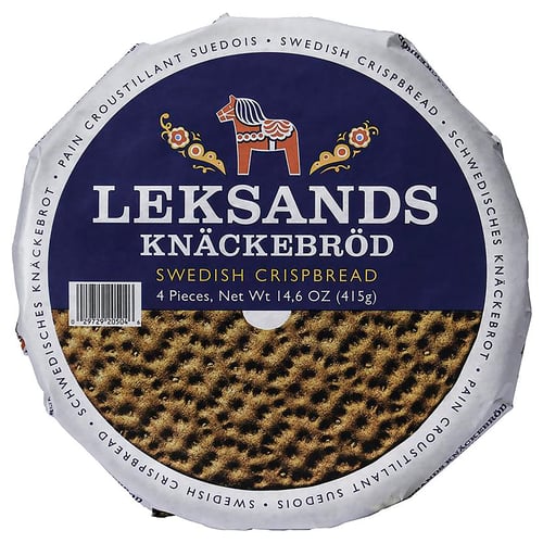 LEKSANDS KNÄCKEBRÖD packaging - a swedish crispbread product. Dala horse, 4 pieces, 14. 6 oz.