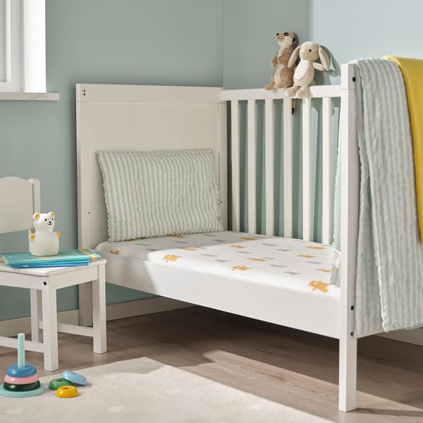 LEN Crib fitted sheet, white bear pattern, 27 1/2x52 "