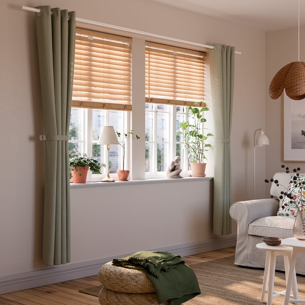 LENDA Curtains with tie-backs, 1 pair, light gray-green/with eyelets, 55x65 "
