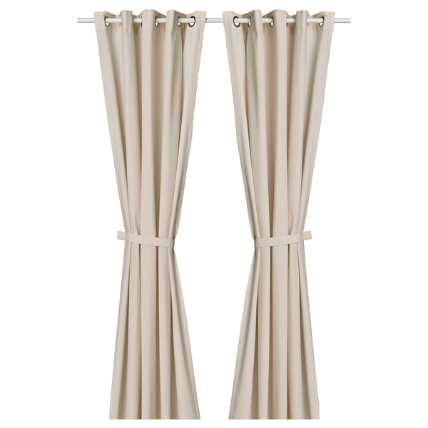 Two off-white, eyelet curtains hung side by side with tiebacks, made of cotton.