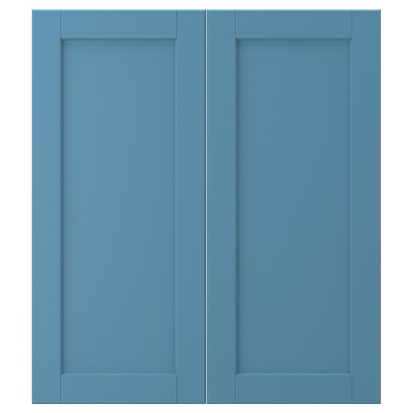 This image a pair of LERHYTTAN blue cabinet doors with a solid wood frame and inset bevelled panel design.
