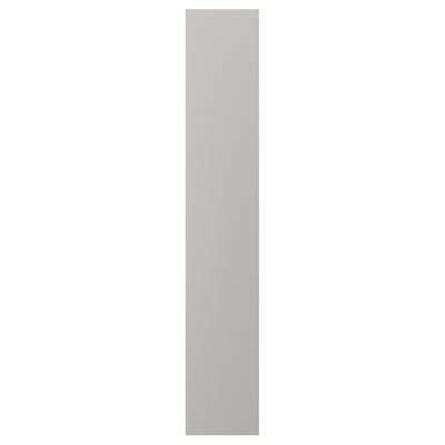 A vertical grey kitchen cabinet door, classic design, solid wood frame, birch veneer panel, bevelled edges.