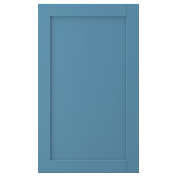 The LERHYTTAN door is a rectangular, blue kitchen cabinet door with a wooden frame and veneer panel, featuring an inset and bevelled edges.