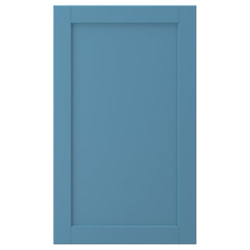 The LERHYTTAN door is a rectangular, blue kitchen cabinet door with a wooden frame and veneer panel, featuring an inset and bevelled edges.