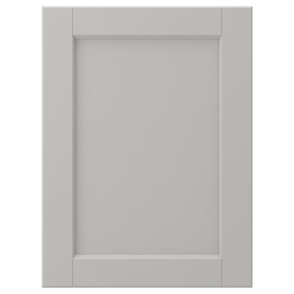Light grey LERHYTTAN cabinet door with bevelled edges and solid wood frame.