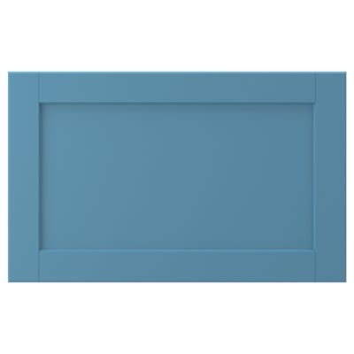 Blue rectangular wooden drawer front with recessed panel, solid frame, and bevelled edges.