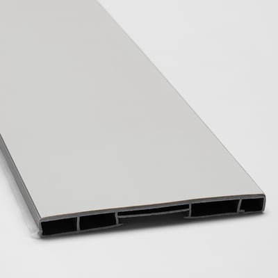 Close-up of sleek, light grey kitchen cabinet panel, showcasing smooth finish and sturdy edge design.
