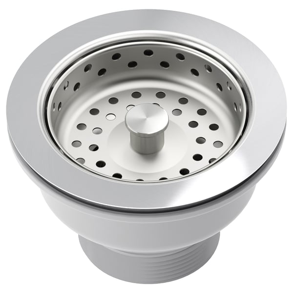 LILLVIKEN sink strainer in silver with plastic funnel, steel basket, and rubber seals.