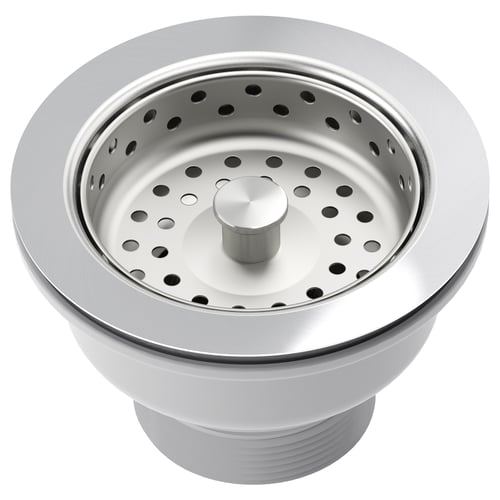 LILLVIKEN sink strainer in silver with plastic funnel, steel basket, and rubber seals.