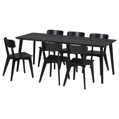 Black LISABO dining set with rectangular table and six matching chairs, modern design.