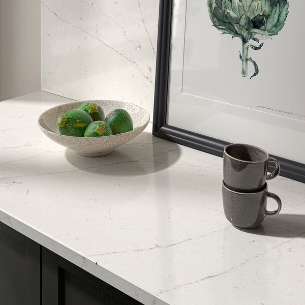 LOCKEBO Custom countertop, off-white brown/marble effect glass composite, 1 1/8 "