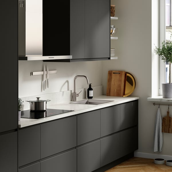 LOCKEBO Custom countertop, white/gray lively marble effect/glass composite, 1 1/8 "