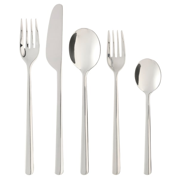LÖFTESRIK silver cutlery set: sleek, rounded stainless steel; knife, spoon, fork, tea spoon, salad fork.