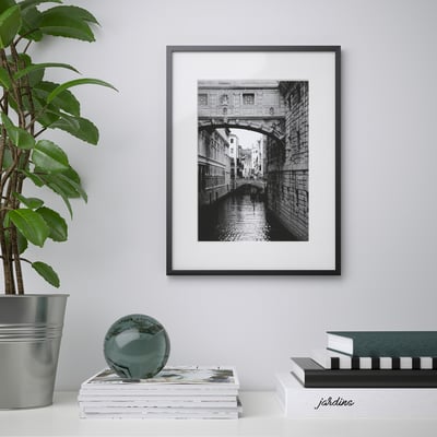 A framed black-and-white a bridge over a canal hangs on a wall, surrounded by a plant, books, and a decorative sphere.