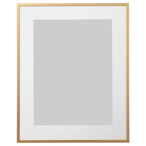 Gold-colored LOMVIKEN picture frame with white mat; rectangular shape, thin metal edge.