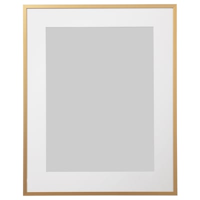 Gold-colored LOMVIKEN picture frame with white mat; rectangular shape, thin metal edge.