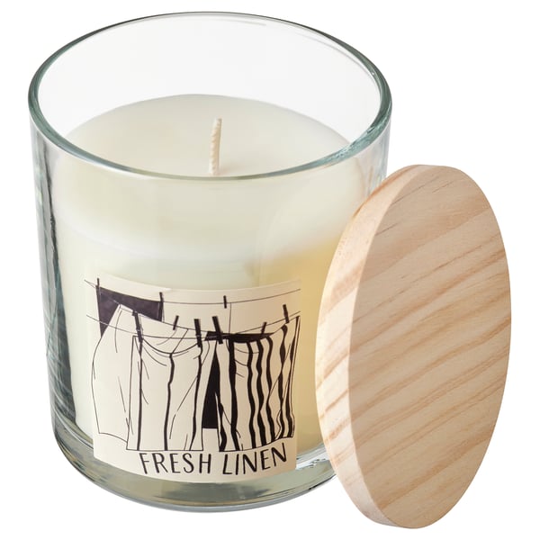 LOTSFÅGEL Scented candle in glass with lid, Fresh linen white, 40 hr
