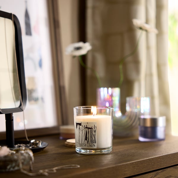 LOTSFÅGEL Scented candle in glass with lid, Fresh linen white, 40 hr