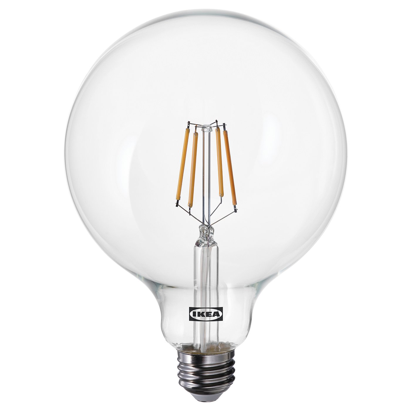 Ikea LUNNOM bulb, clear, globe-shaped, warm white led light, made of glass.