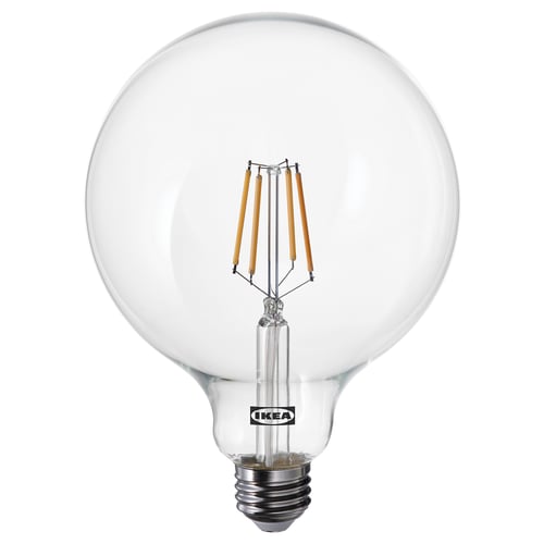 Ikea LUNNOM bulb, clear, globe-shaped, warm white led light, made of glass.