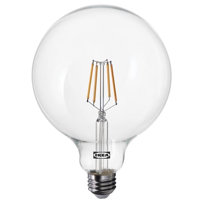 Ikea LUNNOM bulb, clear, globe-shaped, warm white led light, made of glass.