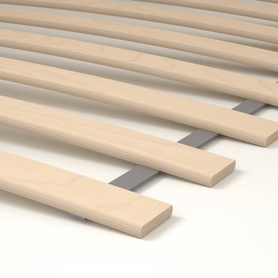 Image shows LURÖY slatted bed base; curved, wooden slats for comfort & support.