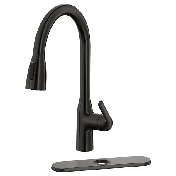 A sleek, black macksjon kitchen tap with a high arc design, featuring a pull-down spray head and a modern, ergonomic handle.