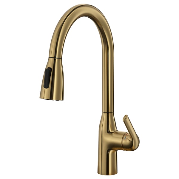A gold-colored MACKSJÖN kitchen tap with a curved spout and pull-down sprayer. It a sleek, modern design.