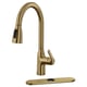 MACKSJÖN gold kitchen tap: sleek gooseneck, pull-down spray, 360° rotating spout.