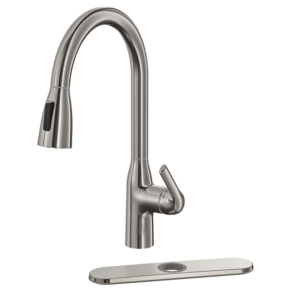 A MACKSJÖN kitchen tap in stainless steel with a high-arc, pull-down spray head. It combines sleek design with functional for easy use.