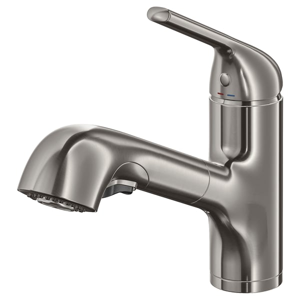 A modern silver kitchen tap named MACKSJÖN, with dual-function spray head.
