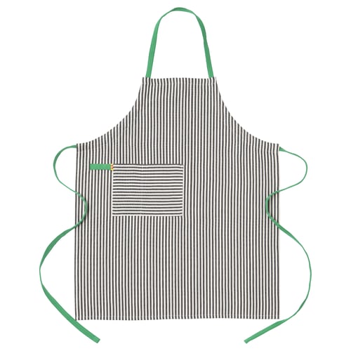 MÄVINN striped apron with green ties, large pocket, black/white stripes, cotton.