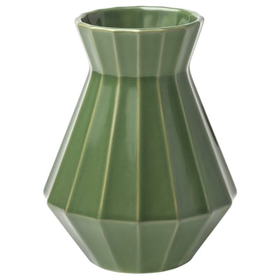 Green geometric stoneware vase with sharp edges, handcrafted by artisans. Decorative with or without flowers.