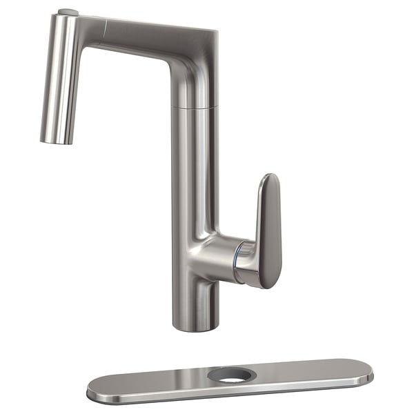 A sleek, stainless steel MAJSJÖN kitchen tap with a modern design, featuring a dual-spray pull-out spout and a side lever.