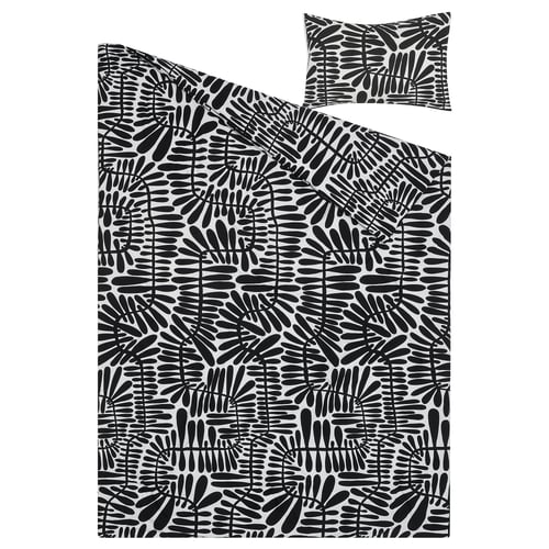 MAJSMOTT black-white leaf-patterned bedding set, made from cotton and viscose, square-shaped with matching pillow sham.