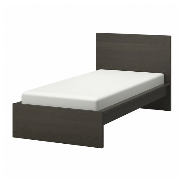 Modern bed with dark grey wood grain finish and white mattress, sleek minimalist design.