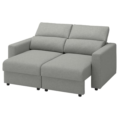 Modern grey sofa, sleek design, 2 backrests, upholstered in lightweight fabric for comfort.