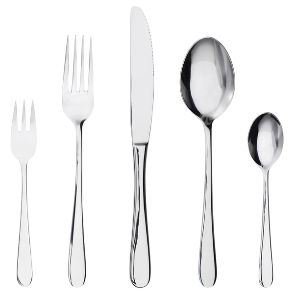 Six-piece stainless steel cutlery set, including fork, knife, spoons, with sleek, classic design.