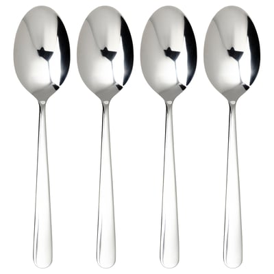 Four polished, stainless steel spoons; sleek design, aligned neatly.