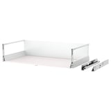 MAXIMERA white drawer system with extendable rail, powder-coated steel, melamine interior, quiet-closing dampers.