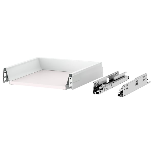 MAXIMERA white drawer unit with full-extension runners. Includes drawer and metal glides. Sleek, modern design.