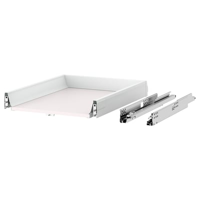 MAXIMERA drawer system shown, white, full extension, steel runners, organised interior.