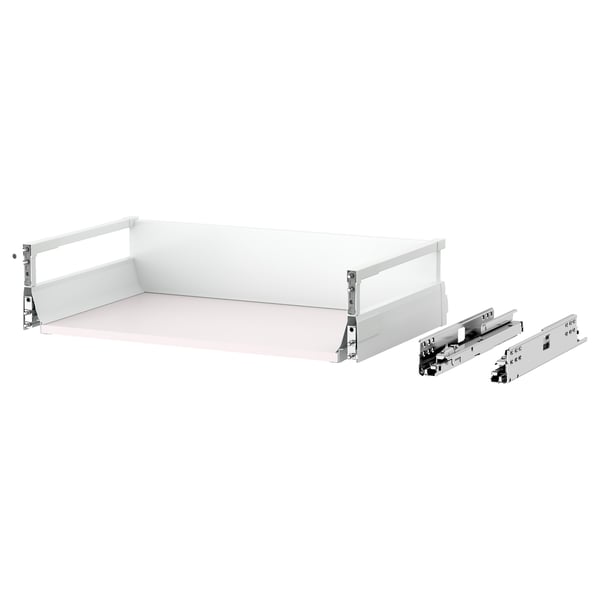 MAXIMERA white drawer system, with steel runners, epoxy-coated steel parts, and wooden bottom. Self-closing mechanism.