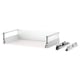 MAXIMERA white drawer system, with steel runners, epoxy-coated steel parts, and wooden bottom. Self-closing mechanism.