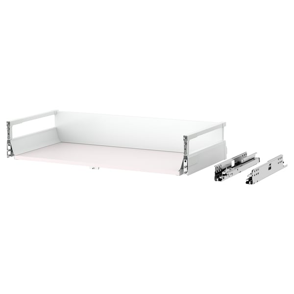 MAXIMERA white drawer set, smooth sides, slow-close, steel runners, flat design.