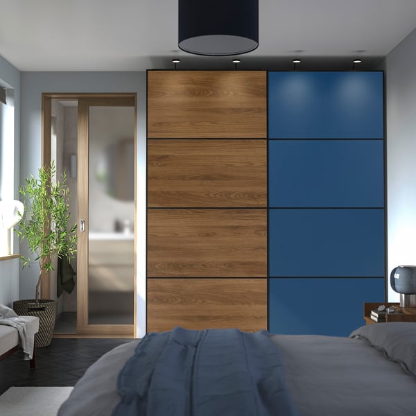MEHAMN 4 panels for sliding door frame, walnut effect/blue, 39 3/8x92 7/8 "