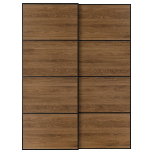 Displays a set of MEHAMN sliding doors in a walnut finish, featuring a sleek, rectangular design with a grid pattern and soft-closing mechanism.