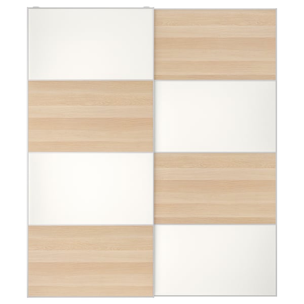 MEHAMN bi-directional sliding door with light wood and white panels.